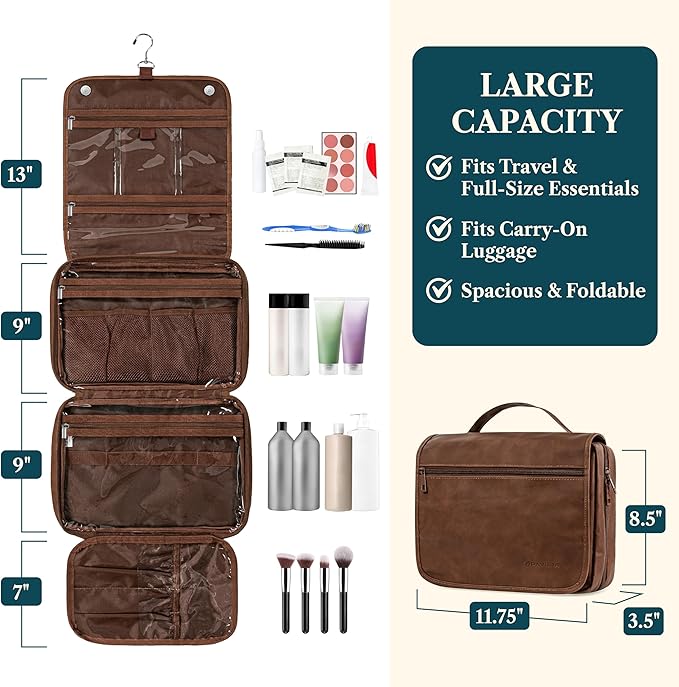 PAVILIA Hanging Toiletry Bag Women Men, Foldable Cosmetic Organizer Travel Bag, Water Resistant Makeup Bag Toiletries, Large Travel Essentials Kit (Dark Brown)
