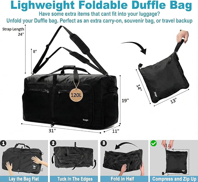 Bago Extra Large Duffle Bag for Travel Women & Men. Durable, Lightweight, Foldable Travel Duffel Bags For Traveling Women. 120L Duffle Bags Use As a Weekender Bag with Shoe Compartment, Checked Duffel