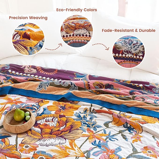 MSGKV Boho Throw Blanket 50"x60" Couch Floral 100% Cotton Blanket Spring Breathable Lightweight Blankets for Sofa All Seasons Home Decor Muslin
