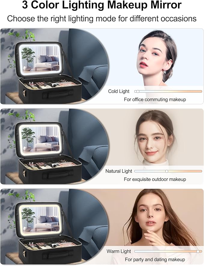 Relavel Travel Makeup Bag With LED Mirror, 16.2" Large Makeup Train Case, 3 Color Scenarios Adjustable Brightness, Waterproof Makeup Train Case Organizer with DIY Dividers for Makeup Artist, Black