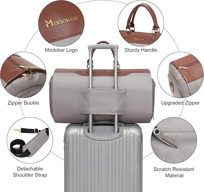 Modoker Convertible Garment Bag with Shoulder Strap, Carry on Garment Duffel Bag for Men Women - 2 in 1 Hanging Suitcase Suit Travel Bags, Caramel