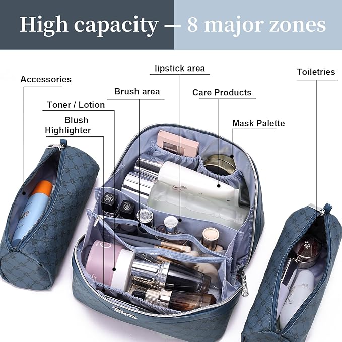 BOYATU Travel Makeup Bag Cosmetic Bags for Women: 3 Pcs Set Large Capacity Make up Bag with Handle - Vegan Leather Toiletry Bags with Compartments - Makeup Organizer for Travel Essentials(A-4-Blue)