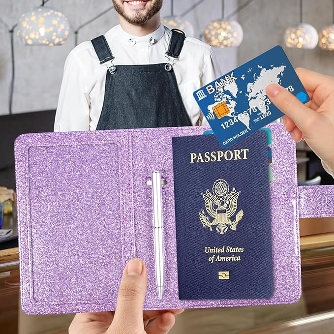 ACdream Unisex Faux Leather Passport and Vaccine Card Holder, Glitter Purple, RFID Blocking, Protects Valuable Information