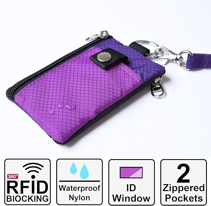 CHENSPRX Minimalist RFID Blocking Small Wallet with ID Window,WaterResistant Zip Id Case Wallet with Lanyard Keychain for Cards,Cash,Travel,Women,Men