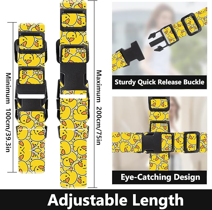 2 Pack Luggage Straps for Suitcases, Adjustable Travel Belt with Double Lock, Bright Colors Travel Packing Straps with Quick Release Buckle Unique Nylon for Sleeping Bag Car Seat (Duck)