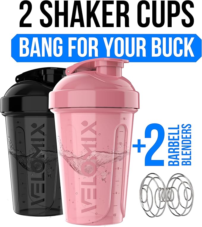 VELOMIX -2 Pack- 20 oz Protein Shaker Bottles for Protein Mixes - 2x Wire Whisk | Leak Proof Shaker Cups for Protein Shakes and Pre Workout | Protein Shaker Bottle Pack (Pink/Black)