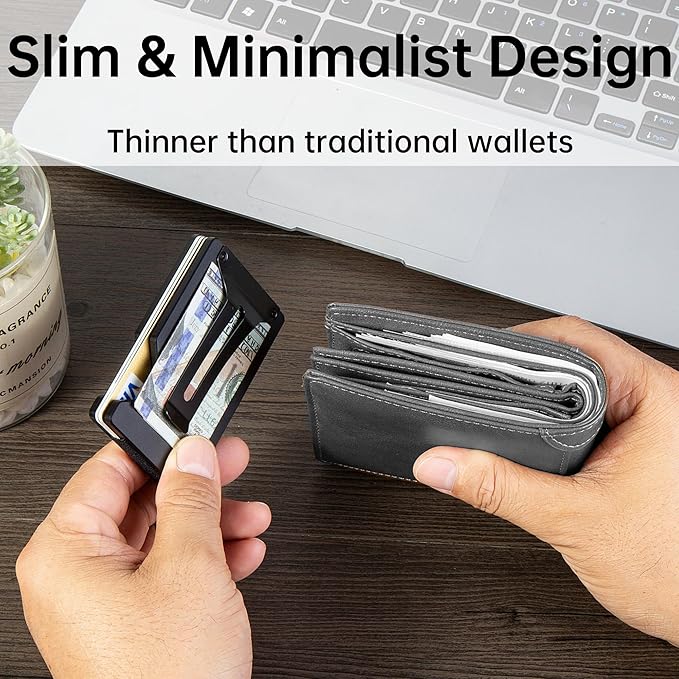 Minimalist Carbon Fiber Wallet for Men, Money Clip Cash Strap Wallet, RFID Blocking Metal Wallet Aluminum Card Holder,Front Pocket Wallet(Matte Black)