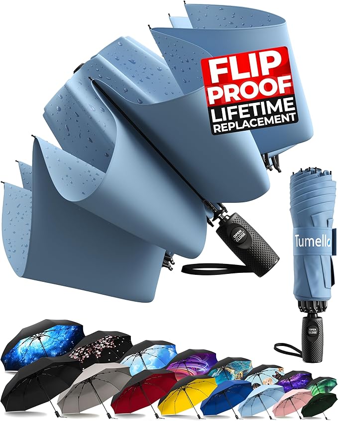 TUMELLA Inverted Windproof Umbrella, Large, Strong, Light, Portable, Automatic Reverse Folding Rain Umbrella, Durable Premium Grip, Fits Car & Backpack