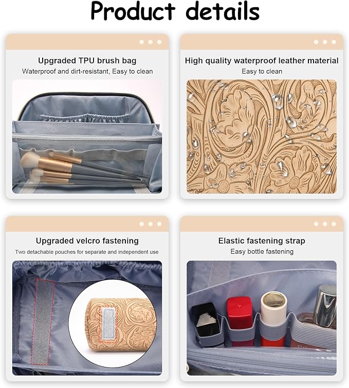 BOYATU Travel Makeup Bags Cosmetic Organizer Bag: 3 Pcs Set Large Capacity Floral Make up Bag with Compartments - Waterproof Leather Toiletry Bags with Handle for Women (17-Apricot)