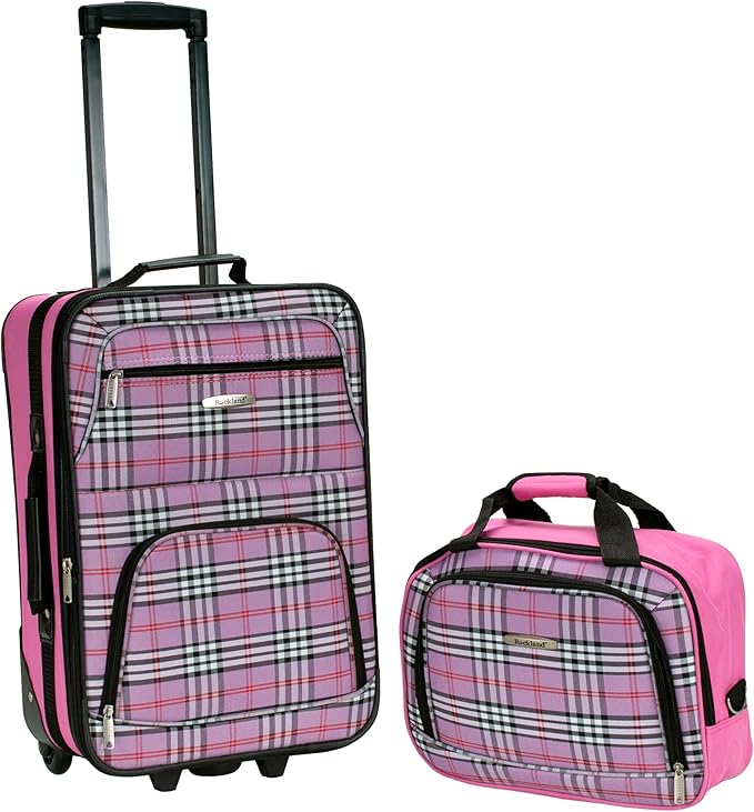 Rockland Fashion Softside Upright Luggage Set,Expandable,Lightweight,Telescopic Handle,Wheel, Pink Cross, 2-Piece Set (14/19)