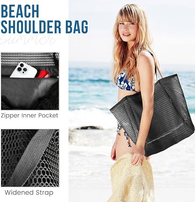 Beach Bags for Women, Summer Travel Mesh Tote Bag with Large Inner Pocket, Sandproof Woven Shoulder Handbag