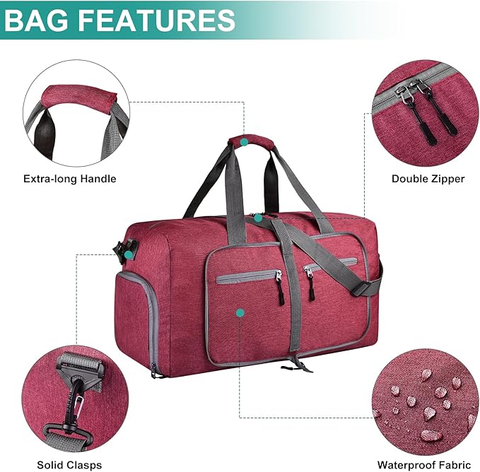 Dimayar 40L Travel Duffle Bag for Men Women - Foldable Duffel Bag with Shoes Compartment - Overnight Bags Waterproof & Tear Resistant(Red)