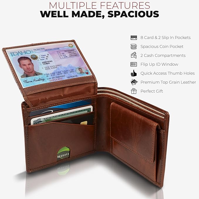 BULL GUARD Mens RFID Blocking Bifold Wallet Top Grain Leather Forest Brown, Secure and Durable Extra Capacity Billfold With 10 Credit Card Slots, Flip Up ID, Tight Stitching, Quick Access, Coin Pocket