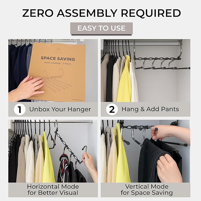 MORALVE Pants Hangers Space Saving - 4 Pack - Non-Slip Multi-Layer Space Saving Hangers - Multifunctional Clothing Rack for Closet Storage - Ideal for Jeans, Trousers, Skirts, Scarves & Slacks (Black)