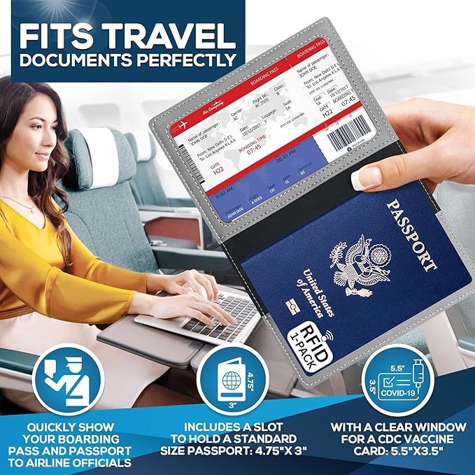 Ciana Passport Holder for Travel – PU Leather Passport Cover and Card Holder for Men & Women – Slim Passport Holder with Card Protector Slot, Travel Must Haves (Gray)
