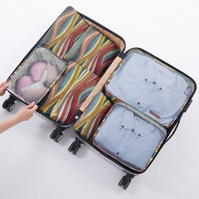 7 Set Packing Cubes Travel Luggage Organizers for Suitcase Travel Accessories with Shoe Bag for Girls Women Aesthetic Cute Boho Bohemian-Colorful