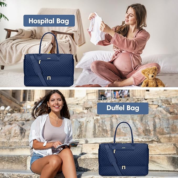 Travel Weekender Bags for Women - Carry on Overnight Bags with Shoe Compartment Duffle Bag with Laptop Pocket Hospital Bag for Labor Delivery Gym Tote Bag with Toiletry Bag Blue