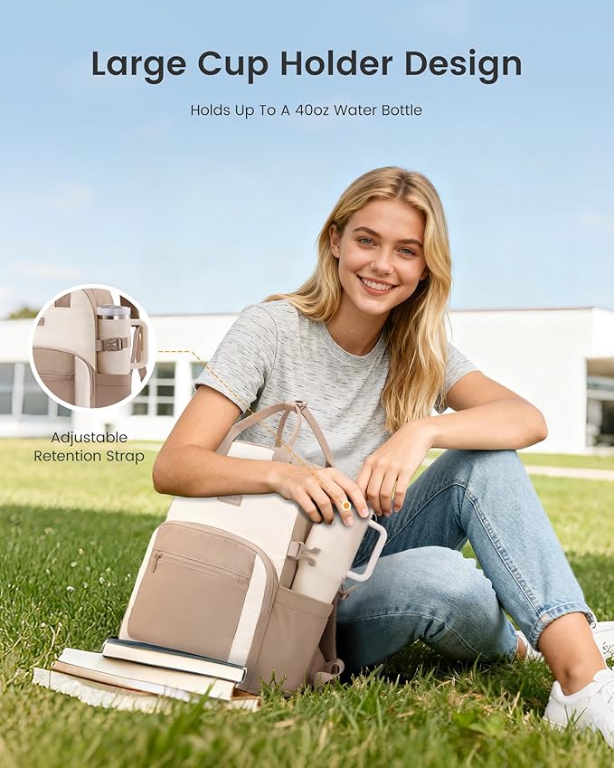 LOVEVOOK Laptop Backpack for Women - Stylish Work Backpack with Large Cup Holder, Waterproof College Teacher Backpack, Beige-Khaki, 17Inch