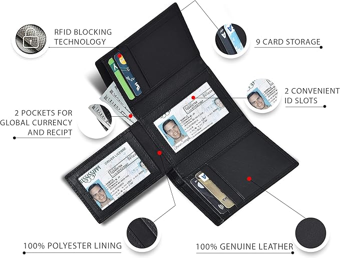 Real Leather Mens Trifold Wallet RFID Blocking Slim Minimalist Front Pocket - Thin & Stylish with ID Window in Gift Box
