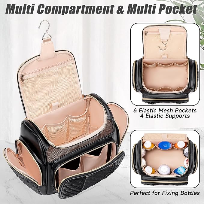 Large Leather Toiletry Bag for Women Men,Bathroom Bag,Water Resistant Shower Bag,Makeup Bag,Portable Shower Caddy for College Dorm,Hanging Travel Toiletry Bag with Transparent Waterproof Phone Pocket