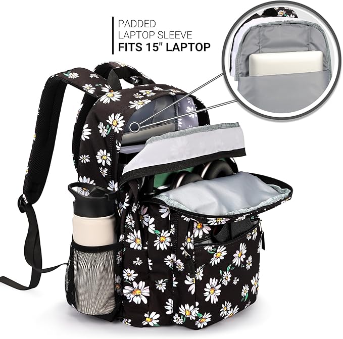 ZORFIN 26L Backpack for College, and Travel: Water Resistant Bookbag - Daisy Black
