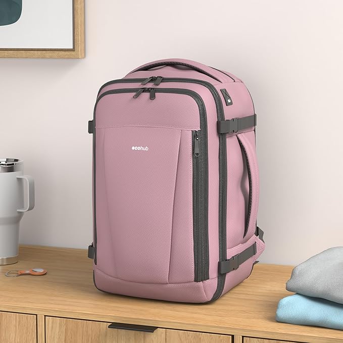 ECOHUB Travel Backpack 18x14x8 Spirit Airlines Personal Item Bag Carry On Backpack 13 Pockets Large Work Casual Daypack for men Airline Approved Waterproof Gym Backpacks with Charging Port, Pink