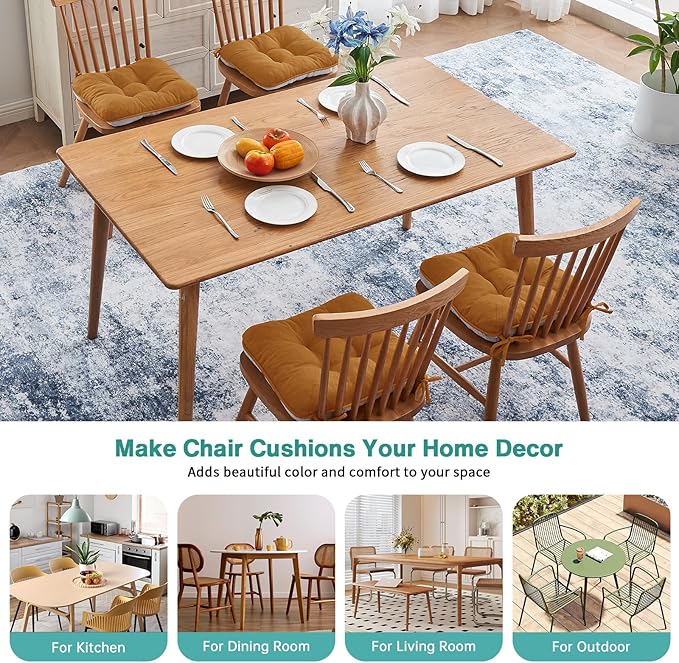BETU Chair Cushions for Dining Chairs Set of 4,3.5" Thick Kitchen Table Chair Pads with Ties,Non Slip Backing and Covers, Seat Cushion for Dining Room,Bar,Patio Chairs,16"X16"X3.5",Caramel