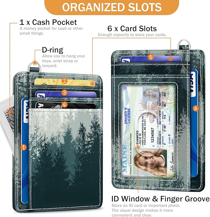 Yonlevres Credit Card Holder Slim Wallet, Forest RFID Wallet Women Front Pocket Small Card Holder, Travel Cute Funny Thin Card Case ID Window PU Leather RFID Blocking Card Organizer Gifts Girls Ladies