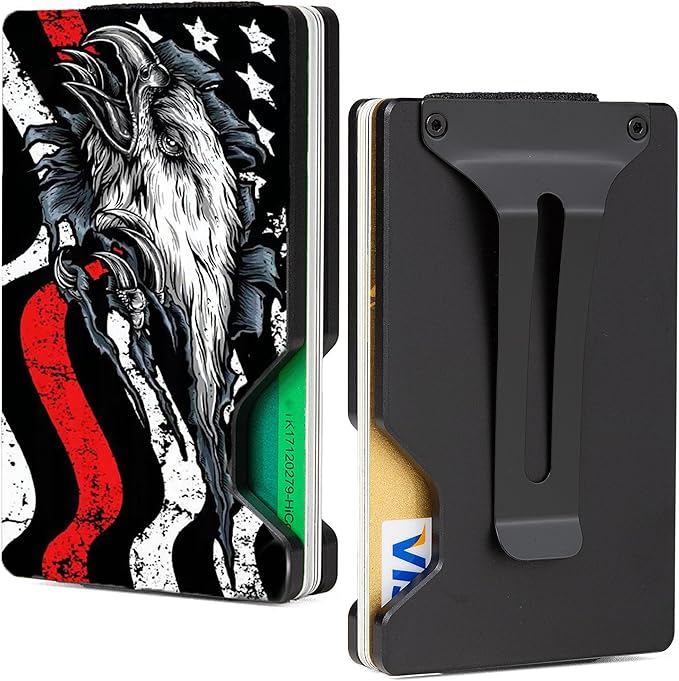 Carbon Fiber Minimalist Wallet for Men Credit Card Holder Money Clip & Cash Strap Slim RFID Mens Wallets(Patriot Reline Eagle)