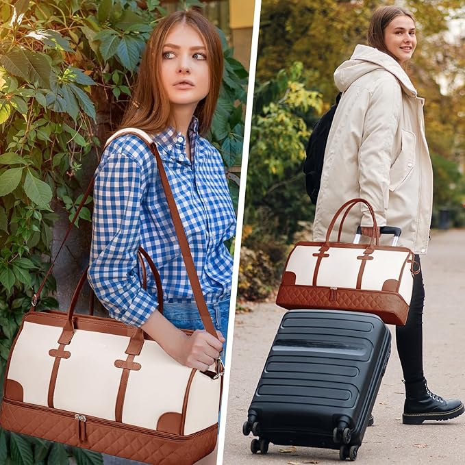 ETRONIK Weekender Overnight Bag for Women, Large Travel Duffle Bag with Shoe Compartment & Wet Pocket, Carry On Tote Bag Gym Duffel Bag with Toiletry Bag for Hospital 4 Pcs Set, XL Size, Beige-Brown