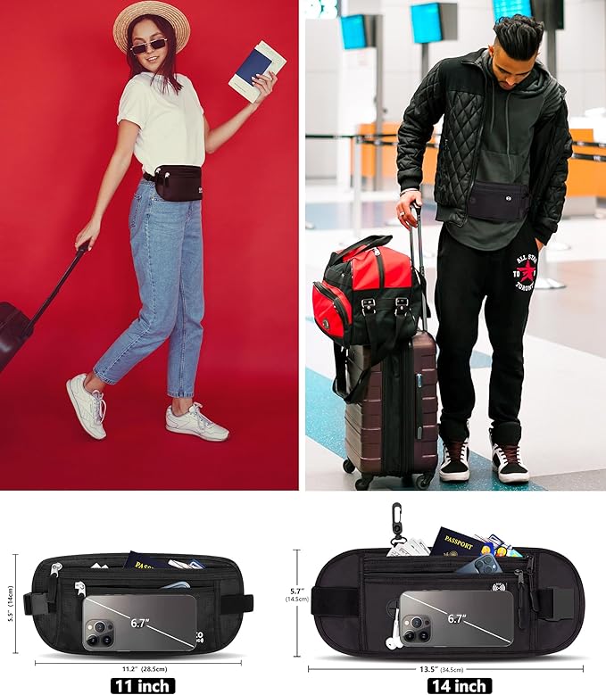Money Belt for Travel Women Hidden Ginsco Slim RFID Blocking Passport Holder Unisex Travel Money Belt Under Clothes Anti Theft Travel Hidden Wallet for Travelling Workout Running Black 11''