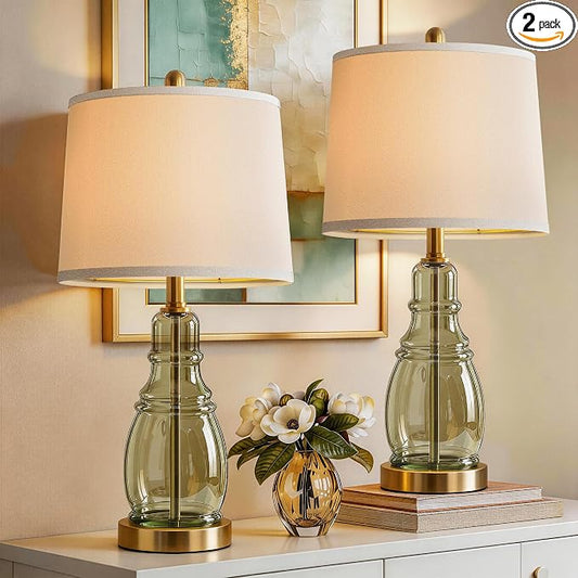 ROTTOGOON Glass Table Lamp Set of 2, Modern Table Lamps for Living Room Bedroom, Bedside Desk Lamps Vintage Nightstand Lamps with Linen Shades, 22", Green
