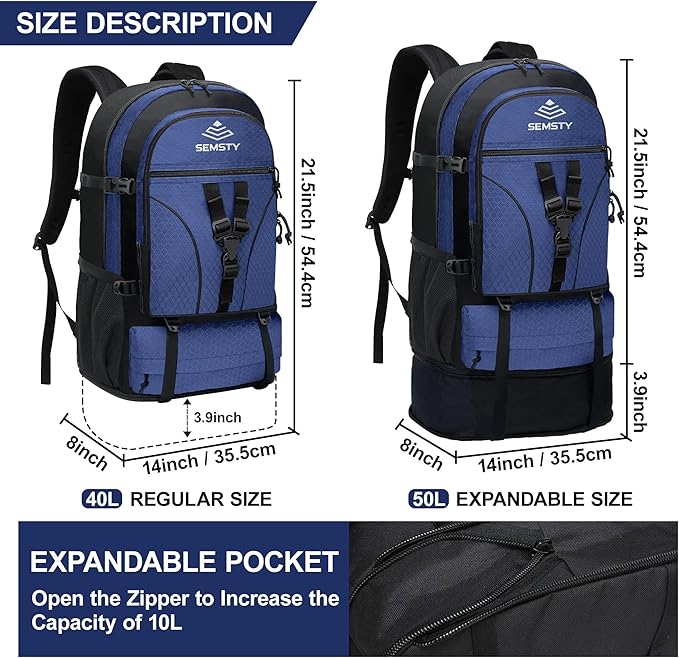 40L/50L Expandable Hiking Backpack for Men and Women, Travel Camping Backpack Flight Approved