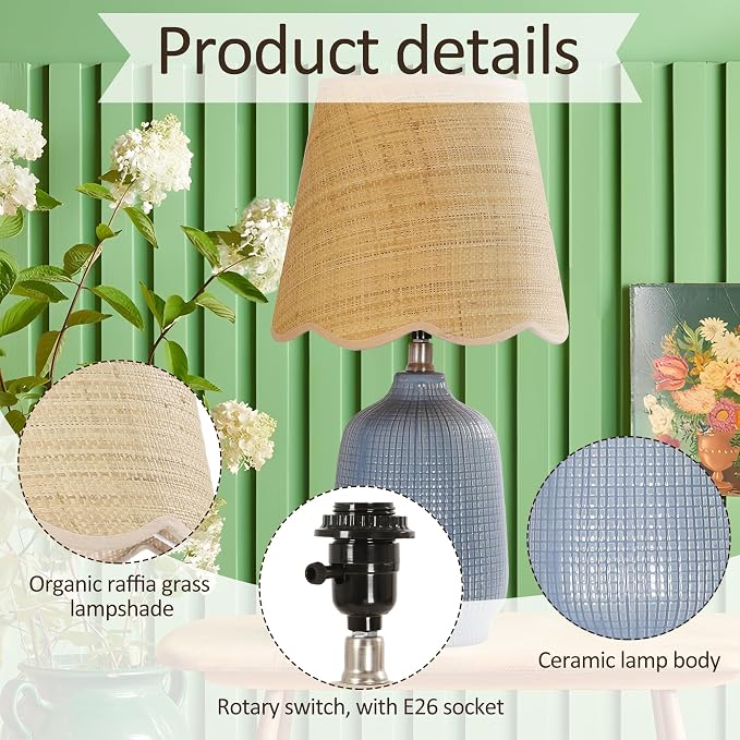 19" Modern Ceramic Table Lamp for Living Room Gray Blue Base Desk Lamps for Bedroom Farmhouse Bedside Nightstand Lamp End Table Lamps,Bule,Rattan Shade