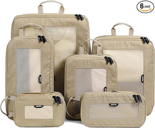 EPICKA TripCozy Compression Packing Cubes - 6 Set Durable Travel Organizer Bags with Mesh Top, Expandable Travel Accessories for Carry on, Luggage, Suitcase, Backpack (Khaki)