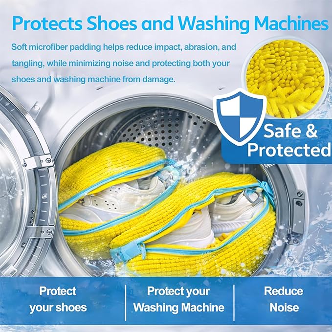 Shoe Washing Machine Bags, 2-Pack – 360° Deep Cleaning, Protects Shoes & Washer, Self-Locking Zipper Design, Reusable Laundry Bags for Washing Two Pairs at Once (Yellow)