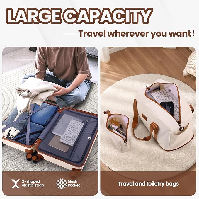 Hoteel Luggage Sets 5 Piece, 4-Year Warranty, Carry-On Luggage with Dual-Spinner Wheels, ABS Hard Shell Suitcase with TSA Locks, Lightweight Luggages for Travel, Beige(20IN/24IN/28IN/DB/TB)