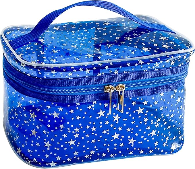Star Print Blue PVC Makeup Bag with Handle - 8.66 * 5.51 * 5.51 inch,Clear Storage Bag Toiletry Pocket Portable Zippered Pouch Waterproof Cosmetic Organizer Bags for Women (Blue-L)
