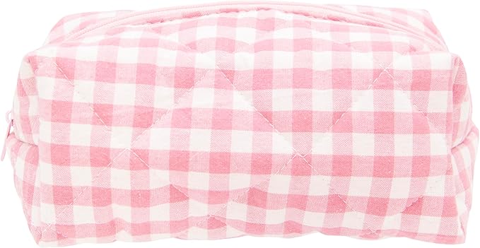 PAZIMIIK Cozy Makeup Bag Travel Cosmetic Bag for Women Soft Toiletry Bag Aesthetic Makeup Organizer Portable Large Zipper Pouch for Skincare Beauty Accessories Brushes Pink Checkered
