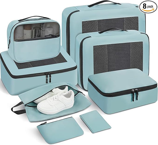 Mesh Packing Cubes for Travel, Durable Luggage Organizer with Sturdy Material and Double Zippers, Comprehensive Set for Travel Accessories Storage, 8 set, teal