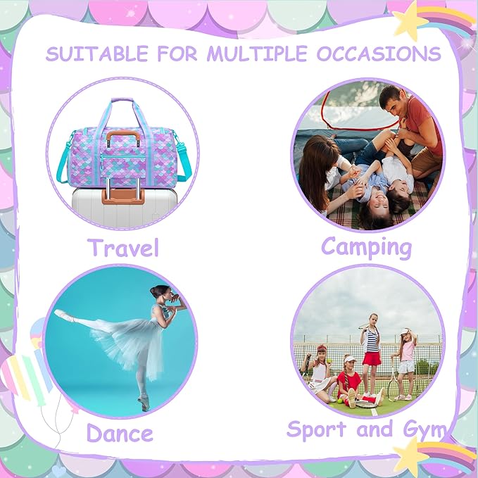 Mermaid Kids Duffle Bag Girls Gym Bag for Girls Kids Travel Dance Bags for Girl Overnight Weekender Bags for Kid with Shoe Compartment