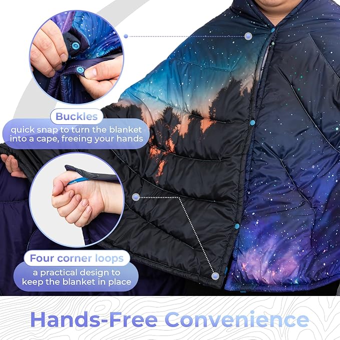 KingCamp Ultralight Camping Blanket, Packable Down Alternative Puffy Printed Wearable Blanket with Snap Buttons & Corner Loops Weatherproof Quilt for Outdoor Travel Stadium (78.7"L x 57.1"W)