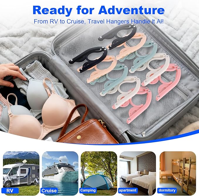 8 Pack Foldable Travel Hangers with 16 Clips & Folding Hanger - Space Saving Portable Collapsible Hooks for Cruise, RV, Hotel (Assorted Colors)