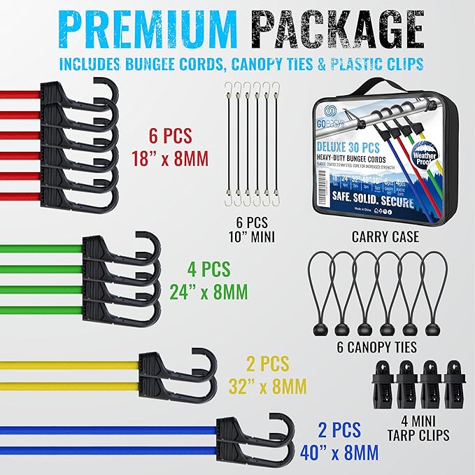 Bungee Cords Heavy Duty Outdoor - 30 PCS Bungee Cord with Hooks Assorted Sizes in Carry Bag, 10", 18", 24", 32", 40" Bungee Cords with Hooks & 8" Canopy, Bungee Balls, Tarp Clips