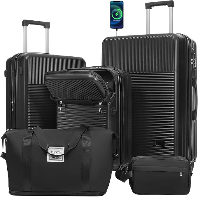 Merax Luggage Sets 5 Piece with Half-opening, Hardside 20" Carry On Suitcase Set with USB Port,Lightweight Travel 24" 28" Luggage with Bags TSA Locks Double Spinner Wheels,Black