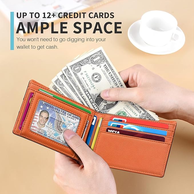 RUNBOX Wallet for Men Slim 11 Credit Card Holder Slots Leather RFID Blocking Small Thin Men's Wallet Bifold Minimalist Front Pocket Large Capacity Gift Box