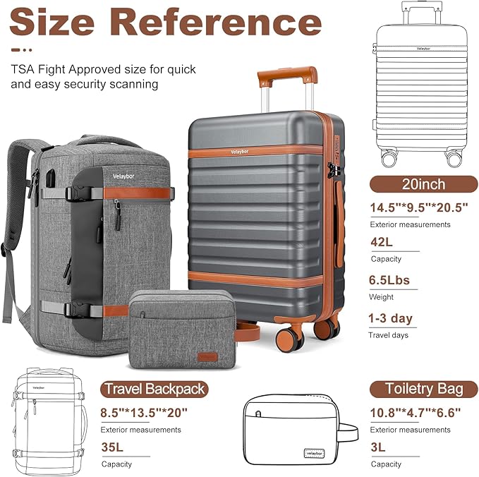 Luggage Sets 3 Piece with Spinner Wheels, Lightweight PC Hardside Suitcase with TSA Lock & YKK Zippers, 20 Inch Carry On Luggage with Travel Bag for Men and Women, Grey