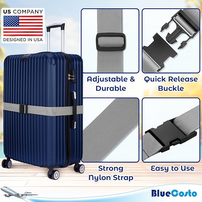 Luggage Straps for Suitcases - TSA Approved - Silver, 4 PK - Premium Nylon Belts for Suitcase, Briefcase & Travel Bag - Adjustable Strap Length 46" - 78"