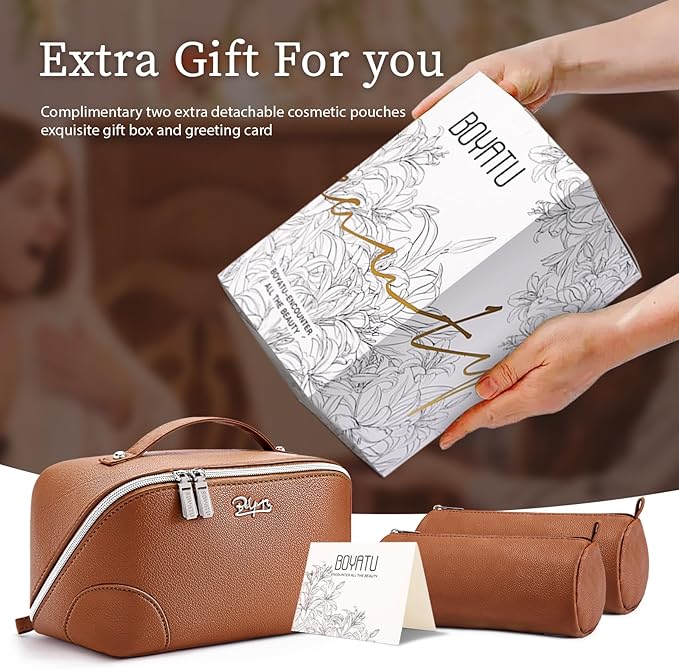BOYATU Travel Makeup Bag Cosmetic Bags for Women: 3 Pcs Set Large Capacity Make up Bag with Handle - Waterproof Vegan Leather Toiletry Bags Travel Essentials with Compartments(C-1-Brown)