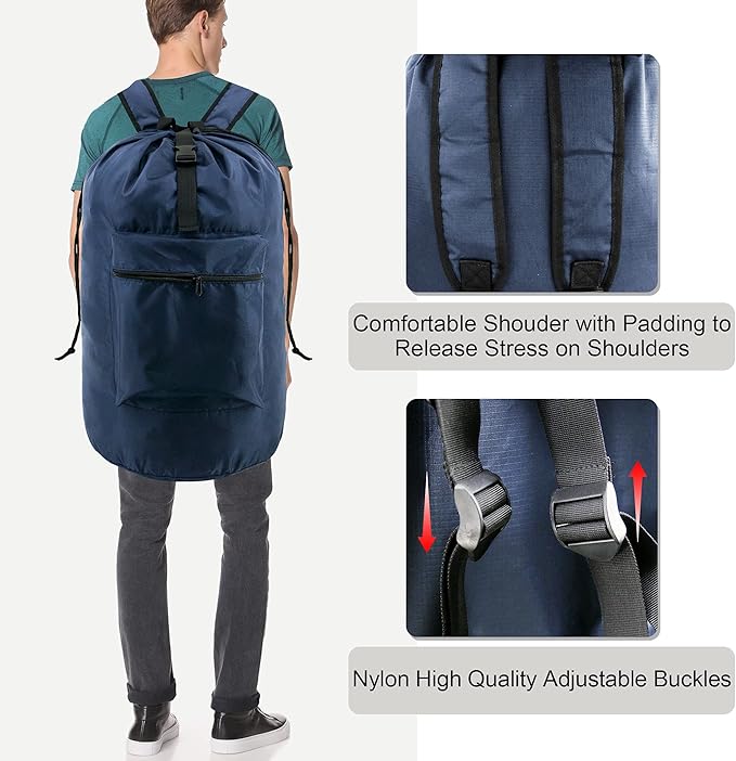 BeeGreen Navy Blue Travel Laundry Bag w Drawstring & Handle College Dorm Room Essentials w Adjustable Shoulder Straps Washable Sturdy Laundry Hamper Sack Dirty Laundry Travel Bag for Camping